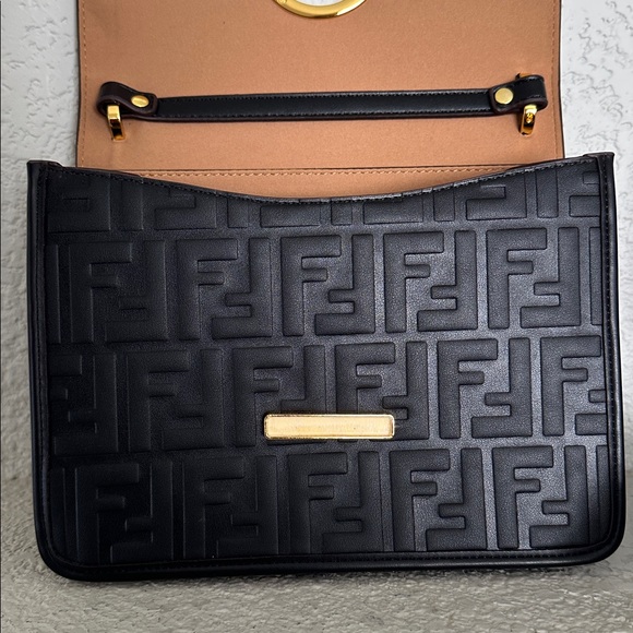 Fendi Inspired Black Shoulder Bag with Gold Accents - Picture 7 of 12